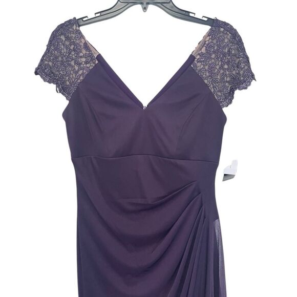 NWT Xscape | Purple Lace Sleeve Chiffon V Neck Flutter Ruffle Gown Dress 6 - Picture 6 of 12
